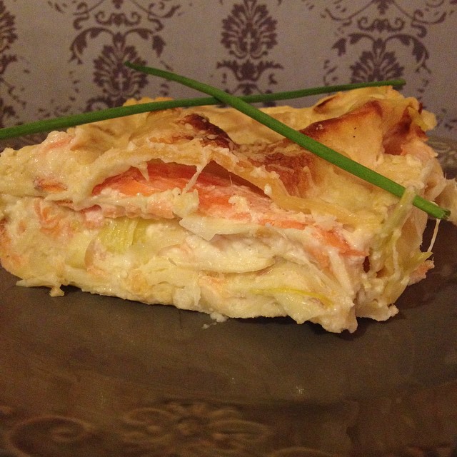 Lasagnes au poireau, saumon et chèvre