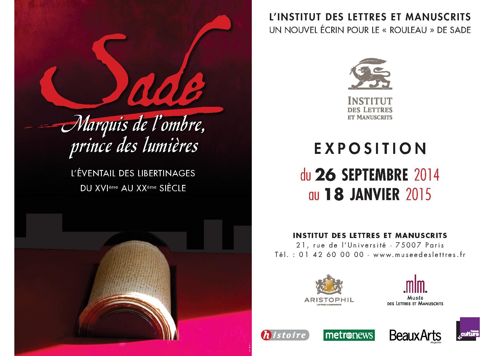 Sade – marquis de l&rsquo;ombre, prince des lumières. L&rsquo;éventail des libertinages du XVIe au XXe siècle, à l&rsquo;institut des lettres et des manuscrits