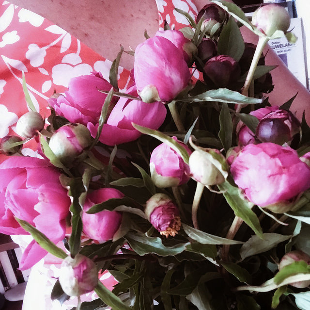 Nouvelle robe rouge et brassée de pivoines