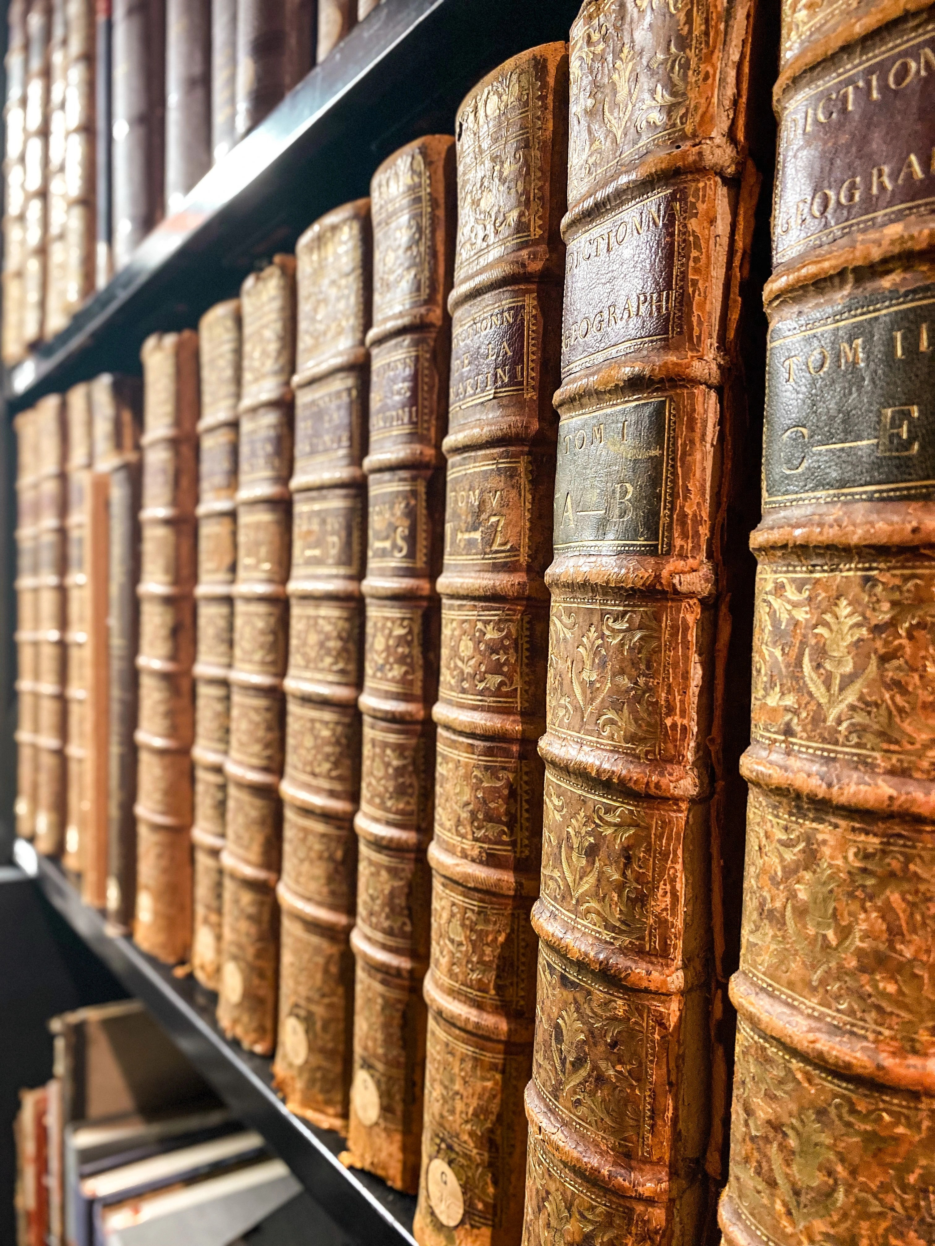 Un rayonnage de vieux livres bruns